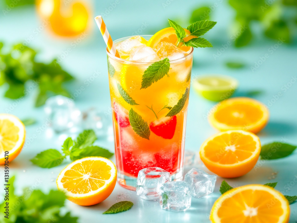 Fototapeta premium Fresh citrus and berry cocktail with ice cubes, mint leaves, and a striped straw in a glass. Orange, strawberry, blueberry, and cherry on a reflective surface with a tropical blurred background. 