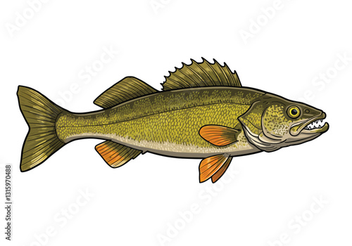 Clip art walleye. This image shows a detailed vector illustration of a walleye fish with prominent fins and sharp teeth. Vector illustration design.