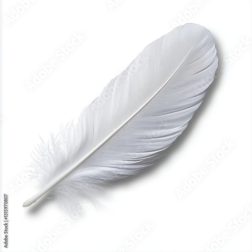 A solitary white feather ethereal and delicate floats gracefully against a pure white background in soft light