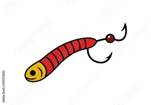 Fish bait clip art. A red and yellow bait with a sharp hook designed for fishing purposes. Vector illustration design.