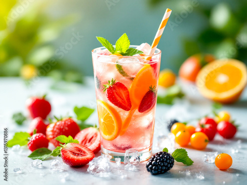 Glass of iced citrus and berry fruit punch with fresh mint leaves, surrounded by oranges, strawberries, grapefruit, and ice cubes. Refreshing summer beverage concept.