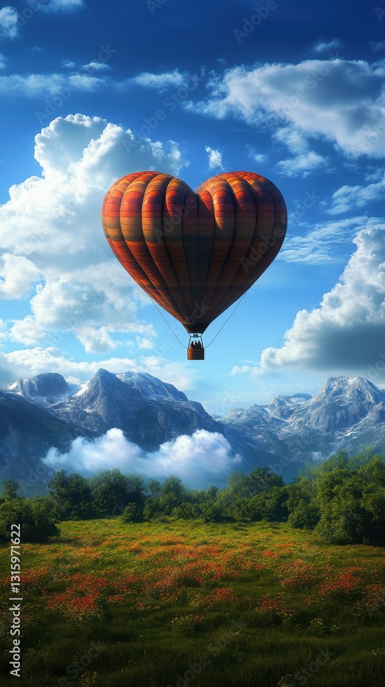 Fototapeta premium A heart-shaped hot air balloon soaring over majestic mountains.