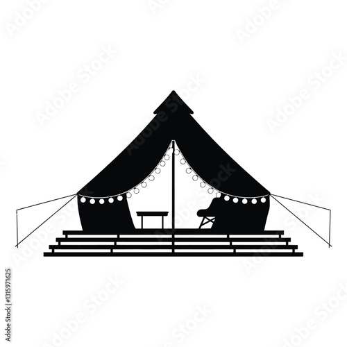 Glamping Tent with String Lights Silhouette, Vector, Icon, Logo, White Background.