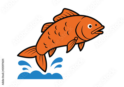 Fish jumping out of water clipart. An orange fish is leaping out of blue water with splashes. Vector illustration design.