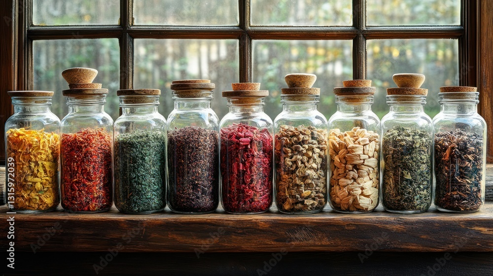Colorful Dried Herbs & Spices on Wooden Sill by Window Colorful Dried Herbs & Spices on Wooden Sill by Window