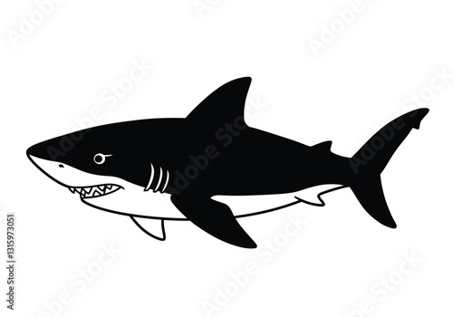 Shark clip art black and white. This image shows a black and white clip art of a shark with sharp teeth and fins. Vector illustration design.