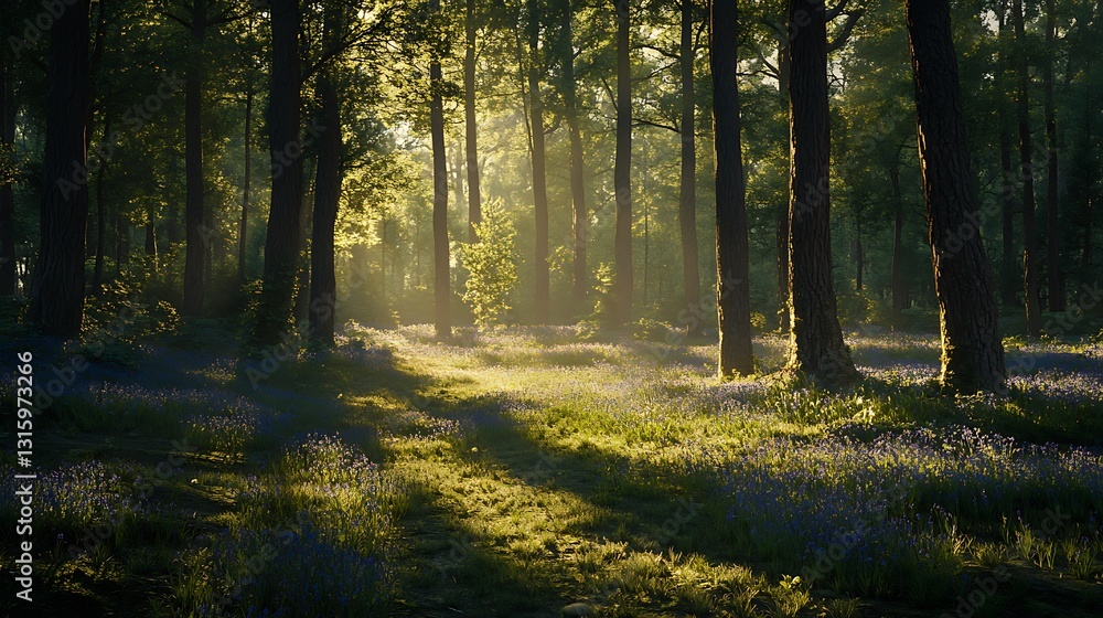 Fototapeta premium Sunbeams illuminate a misty forest floor covered in bluebells.
