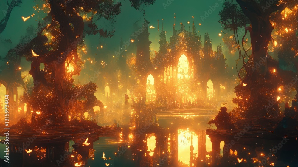 Obraz premium Enchanting Golden Glow Fairytale Castle in a Mystical Forest