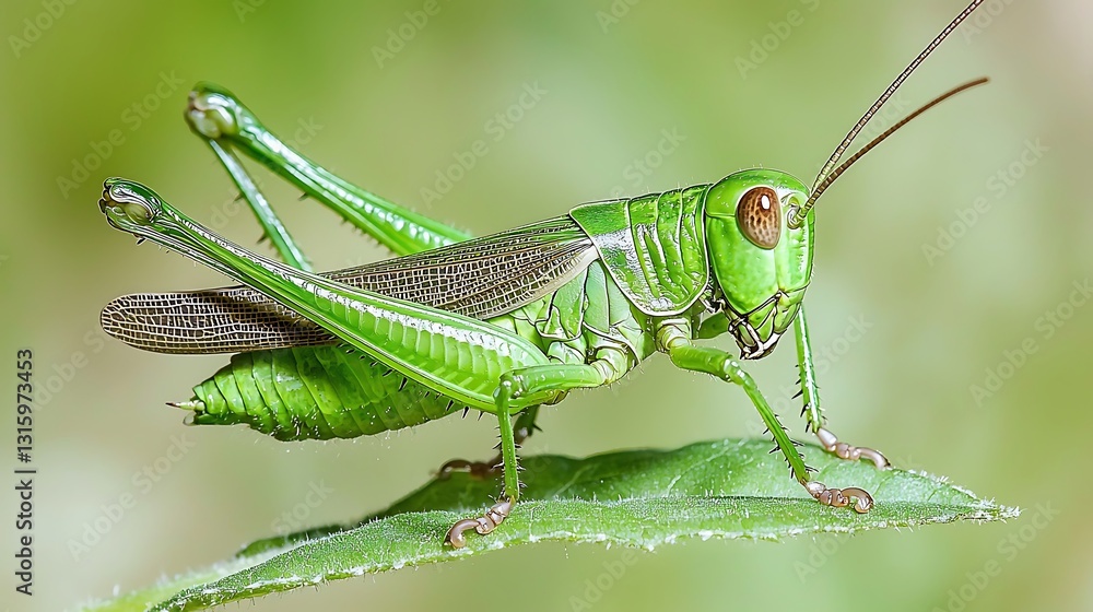 Vivid green grasshopper perched on a leaf Vivid green grasshopper perched on a leaf