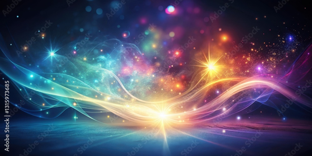 Naklejka premium Ethereal Celestial Landscape Shimmering Nebulae and Glowing Starscape Over a Mystical Horizon