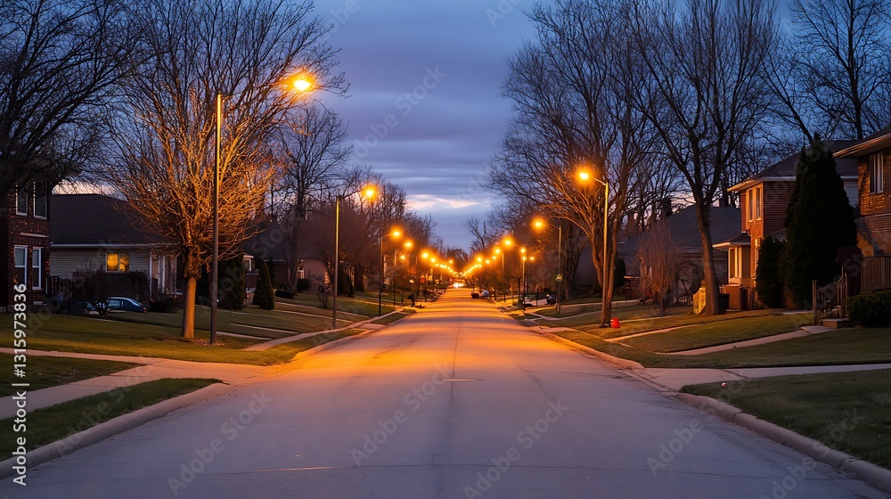Dusk on a residential street, lined with trees and illuminated by streetlights. Dusk on a residential street, lined with trees and illuminated by streetlights.