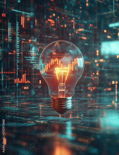 Futuristic Lightbulb with Digital Data Visualization in a Financial and Stock Market Network
