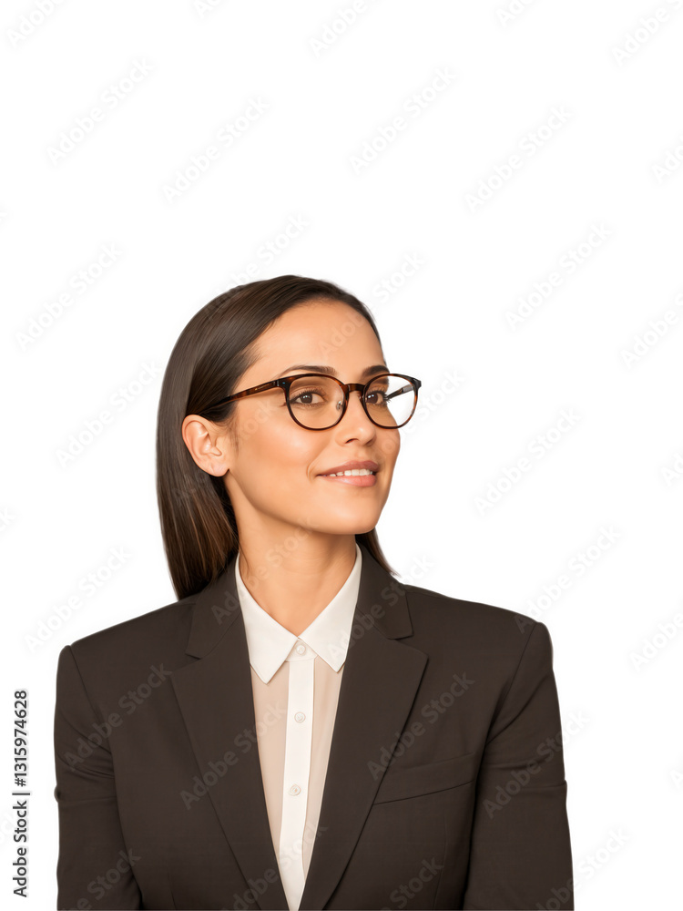 Close-up of Latina woman in glasses, warm and inviting, bright lighting, transparent background. Close-up of Latina woman in glasses, warm and inviting, bright lighting, transparent background.