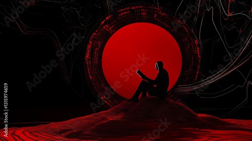 Silhouette Figure Reading Before a Crimson Portal: Digital 3D Artwork AI Generated