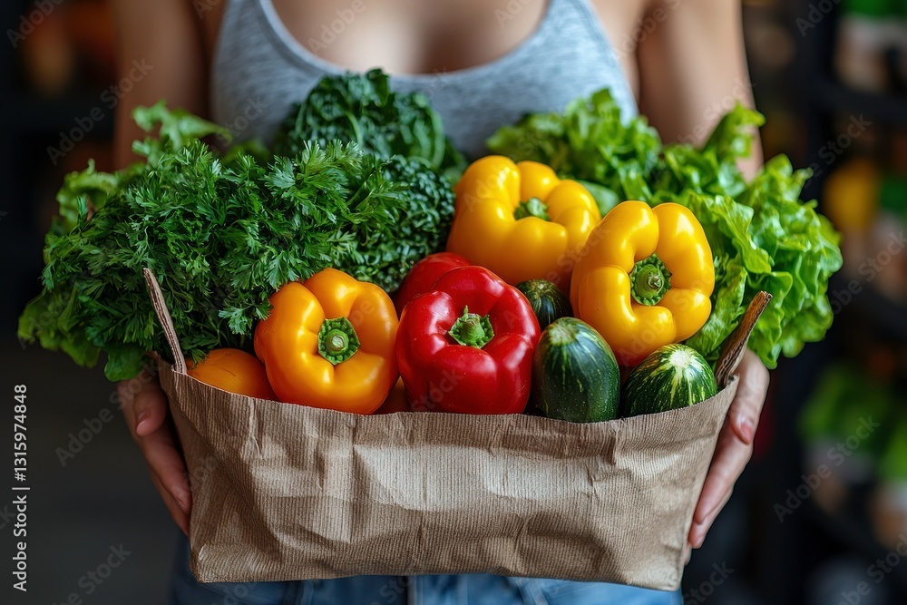 Fototapeta premium Woman Holding Healthy Grocery Bag with Fresh Vegetables