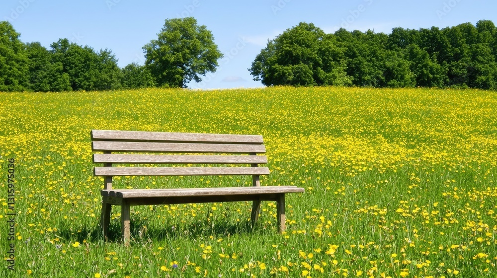 Wooden Bench Surrounded by Blooming Yellow Flowers in a Lush Green Field Under Clear Blue Sky on a Bright Spring Day Wooden Bench Surrounded by Blooming Yellow Flowers in a Lush Green Field Under Clear Blue Sky on a Bright Spring Day