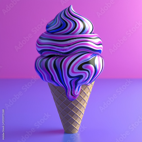 Surreal purple and black swirl ice cream cone melting in a dreamy colorful landscape of imagination photo