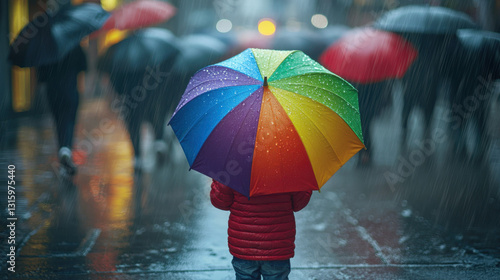 Wallpaper Mural Child with Rainbow Umbrella in Rainy City Street: Colorful Photo Torontodigital.ca