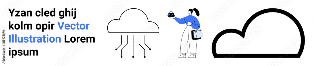 Cloud icons show data flow and bold design while a person interacts with devices. Ideal for technology, data sharing, cloud storage, IT solutions, digital transformation, user interface, flat landing Cloud icons show data flow and bold design while a person interacts with devices. Ideal for technology, data sharing, cloud storage, IT solutions, digital transformation, user interface, flat landing