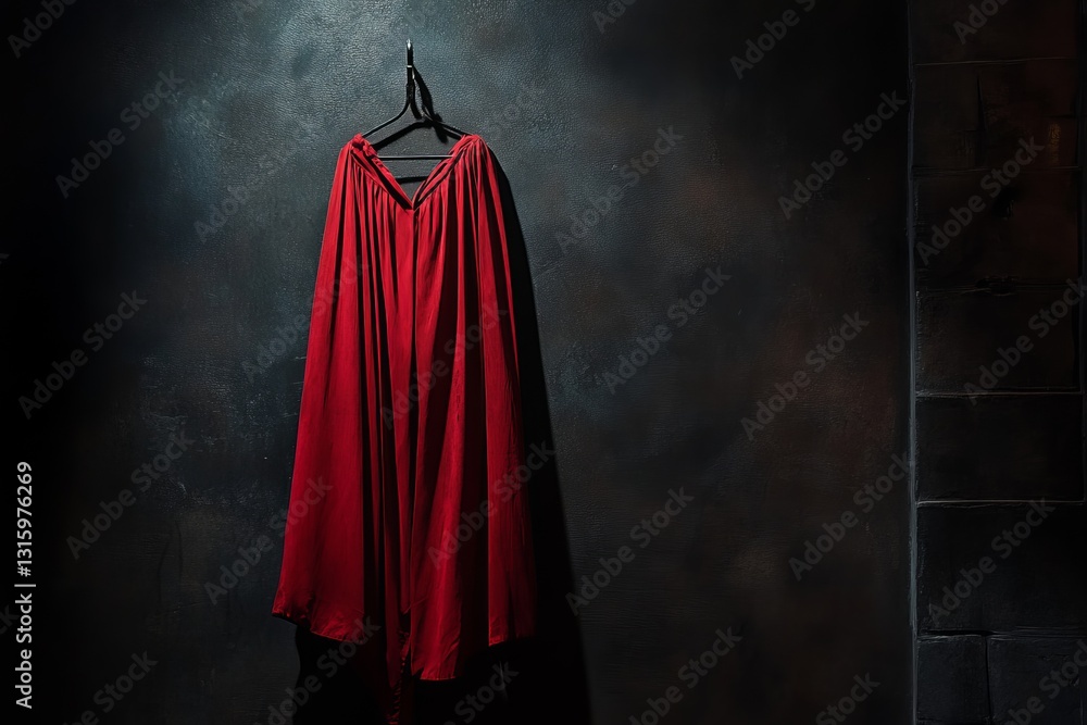 Naklejka premium A vibrant red cape gracefully hangs on a hook against a dark, textured wall, creating a mysterious and dramatic visual perfect for fashion or theatrical themes.