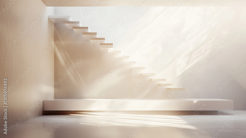Obraz premium Surreal 3d render of a floating staircase leading to an infinite space of dreams and unseen realities in a house