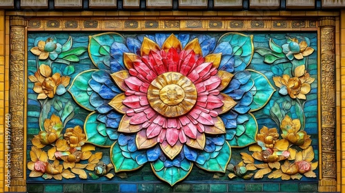 Colorful floral mosaic tile design on building facade