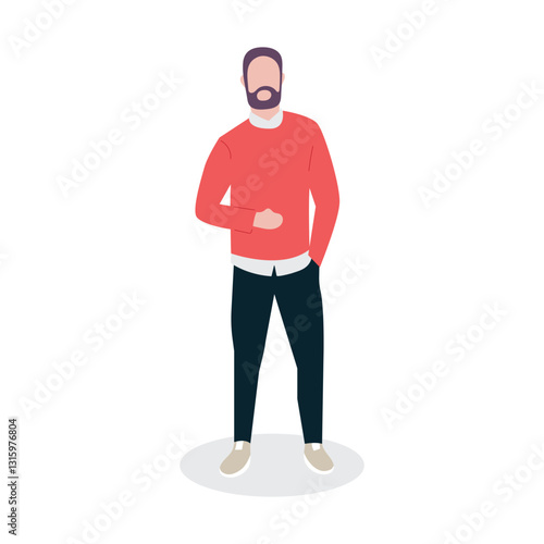 Bearded man in red sweater, standing, white background, website avatar