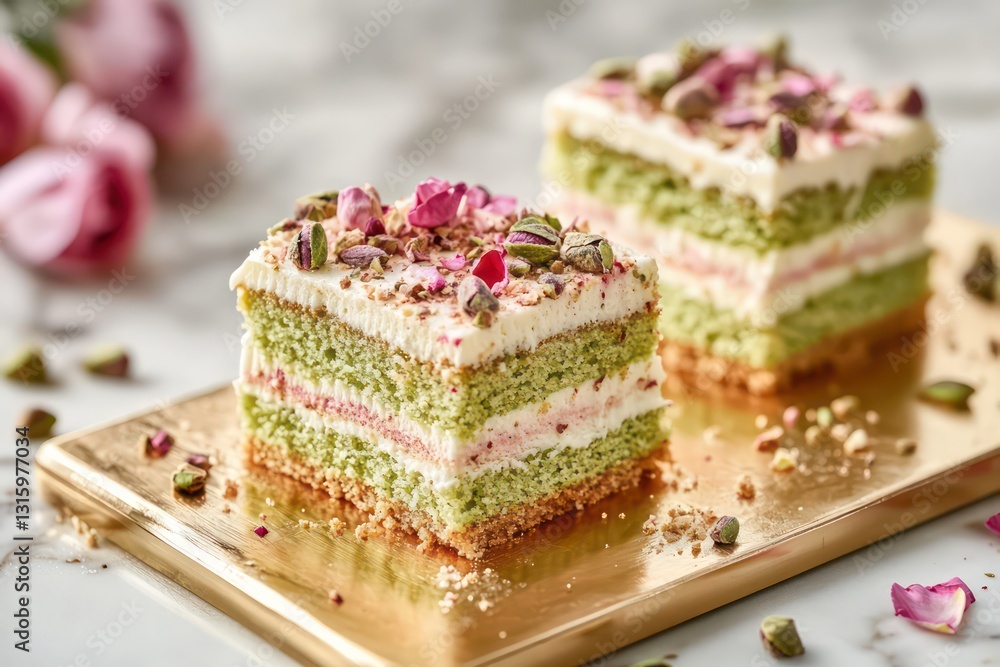 Pistachio sponge cake drizzled with rose syrup on a polished gold serving board Pistachio sponge cake drizzled with rose syrup on a polished gold serving board