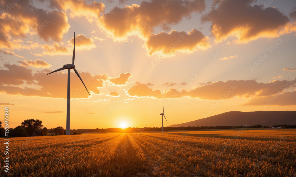 Obraz premium Golden field with a single windmill at sunset for renewable energy and rural living themes. A tall, modern windmill stands alone