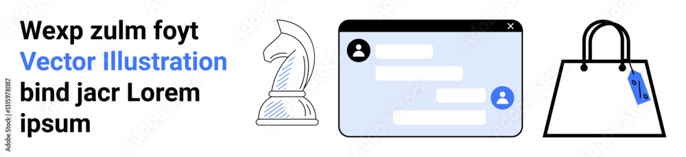 Knight chess piece, messaging window with user icons, and shopping bag with price tag. Ideal for strategy, communication, business, e-commerce, retail shopping and technology. Great for flat Knight chess piece, messaging window with user icons, and shopping bag with price tag. Ideal for strategy, communication, business, e-commerce, retail shopping and technology. Great for flat