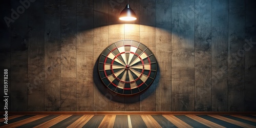 Illuminated Dartboard on a Wood Panel Wall in a Room with Wooden Floor