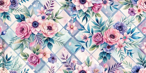 Elegant Watercolor Floral Pattern with Geometric Design Featuring Delicate Roses, Anemones, and Lush Greenery