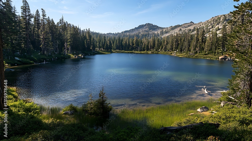 Serene mountain lake nestled in a coniferous forest under a clear sky. Serene mountain lake nestled in a coniferous forest under a clear sky.