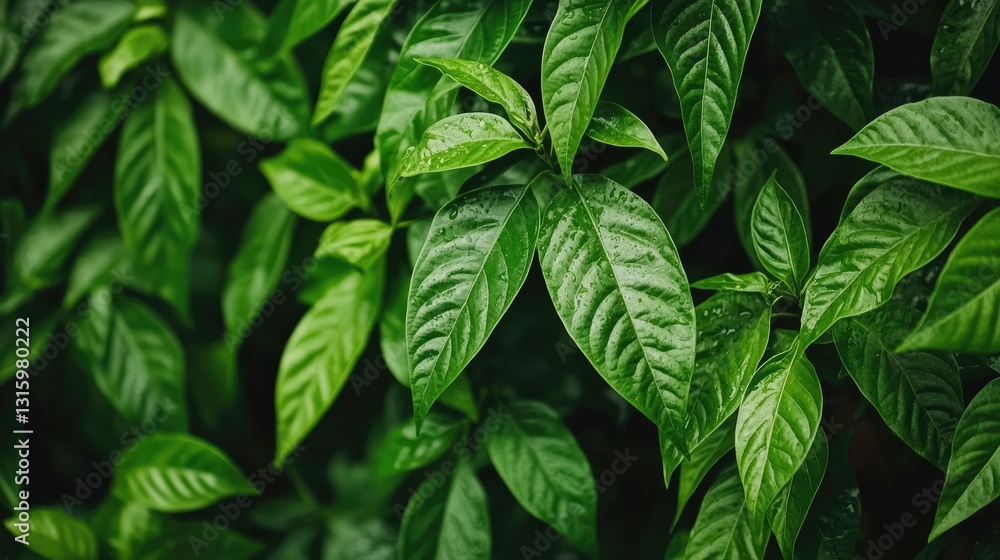 Close Up View of Fresh Green Leaves with Water Droplets Reflecting Natural Light in a Lush Botanical Setting Close Up View of Fresh Green Leaves with Water Droplets Reflecting Natural Light in a Lush Botanical Setting