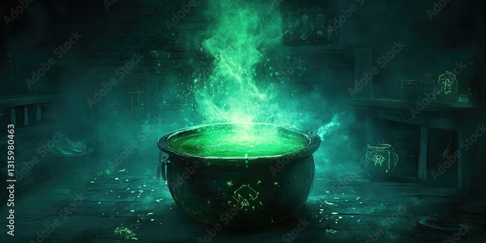 A cauldron full of green Halloween potion with mystical smoke in the background A cauldron full of green Halloween potion with mystical smoke in the background