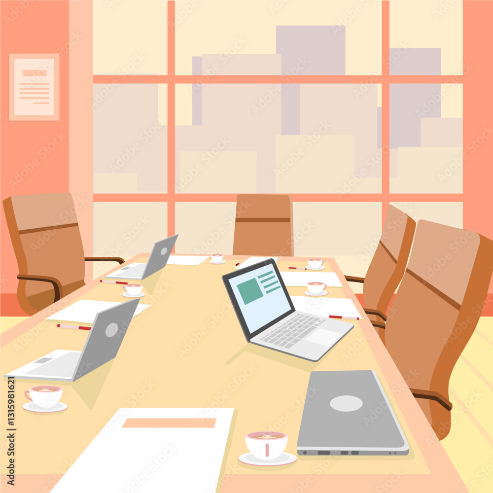 Naklejka premium City view office meeting, laptops, papers, coffee
