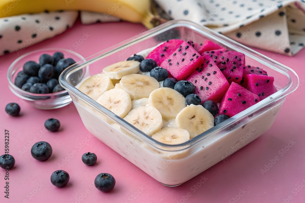 Healthy breakfast bowl filled with banana, dragon fruit, and blueberries on a pink background Healthy breakfast bowl filled with banana, dragon fruit, and blueberries on a pink background