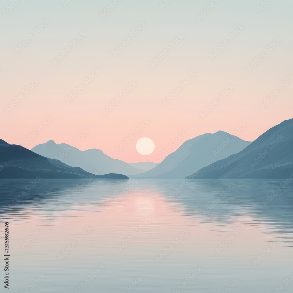Calm Sunset Reflection Over Mountains and Water Landscape Scene Calm Sunset Reflection Over Mountains and Water Landscape Scene