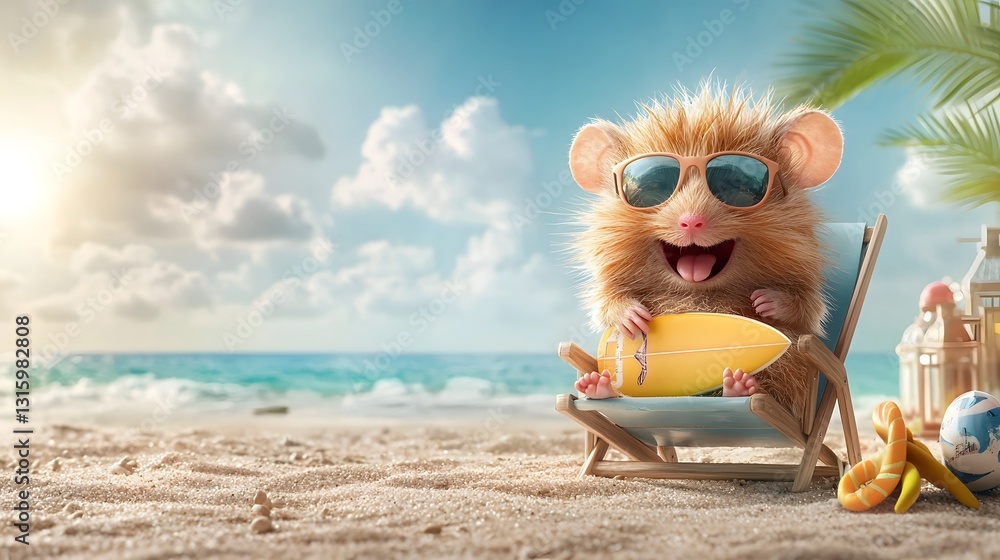 Naklejka premium Adorable Fluffy Hamster Relaxing on Miniature Beach Chair with Sunglasses and Surfboard Cute and Playful Rodent Enjoying Summer Vacation in Tropical Setting