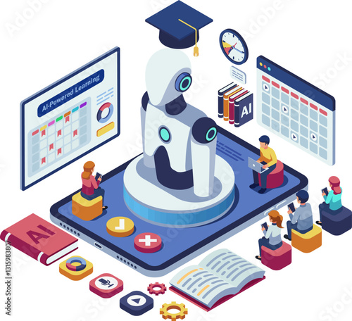 Isometric Students Interacting with AI-Powered Learning Platform