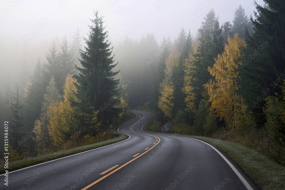A serene photo of a winding road nestled amidst a dense forest