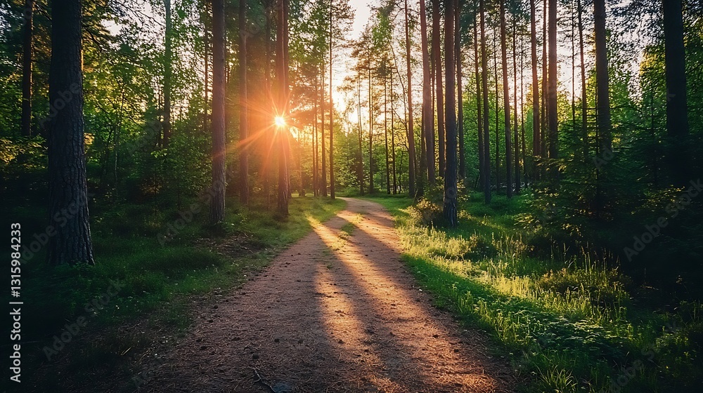 Obraz premium Sunlit path through lush green forest at sunset.