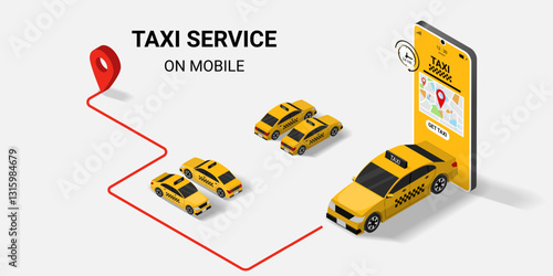 Taxi service application via mobile phone. Taxicab, Get a taxi. Car sharing, Concept for order Taxi online service. Landing page, Website, Banner. Vector illustration