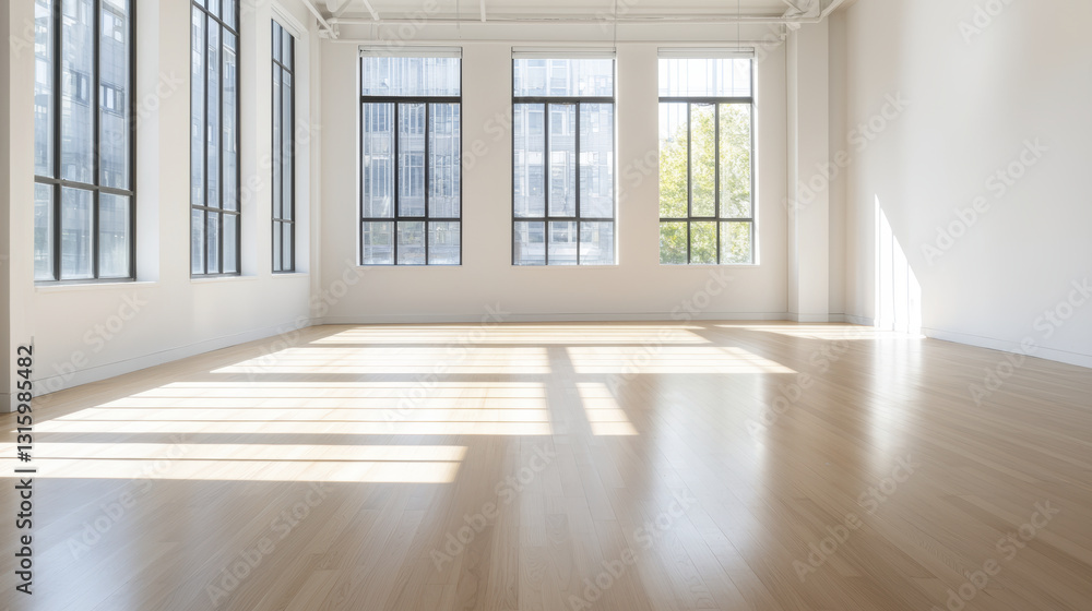 Fototapeta premium Bright and spacious empty room with large windows and wooden floor, perfect for various activities