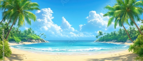 Tropical paradise beach scene with palm trees turquoise sea and white sand under a sunny blue sky with fluffy clouds for a relaxing vacation