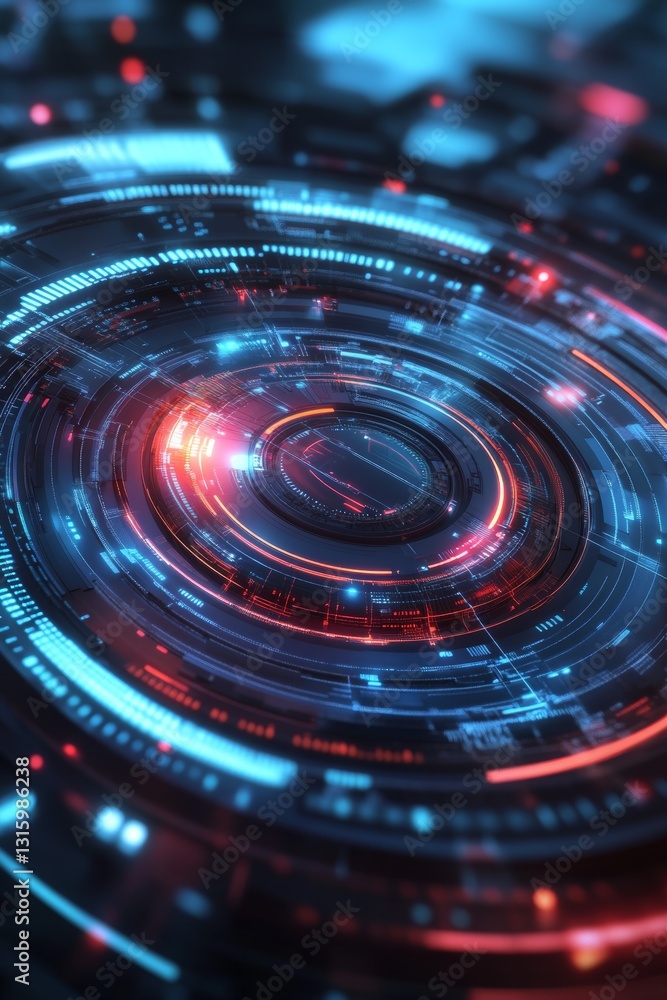 This abstract digital interface features a mesmerizing design with intricate patterns of blue and red lights, creating a high-tech, futuristic feel. This abstract digital interface features a mesmerizing design with intricate patterns of blue and red lights, creating a high-tech, futuristic feel.