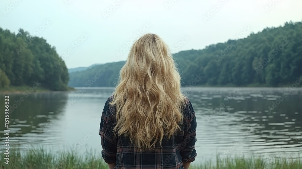 Woman with Long Blonde Hair by Calm Lake Serene Nature Scene Woman with Long Blonde Hair by Calm Lake Serene Nature Scene