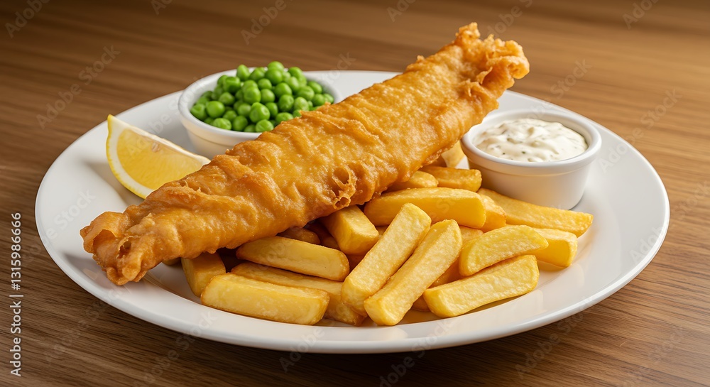 A plate of golden, crispy fish and chips served with tartar sauce and a side of mushy peas. A plate of golden, crispy fish and chips served with tartar sauce and a side of mushy peas.