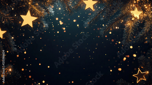 Golden stars and glittering pine boughs on dark background.