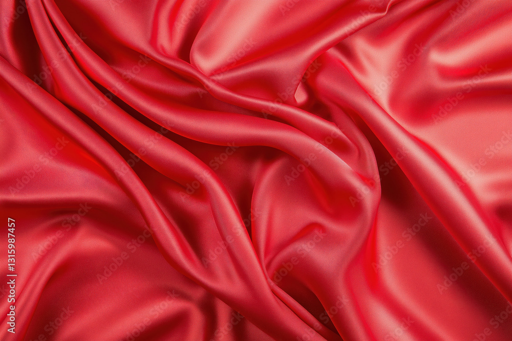 Fototapeta premium Red silk fabric with flowing folds on a soft surface. Elegance and decoration theme